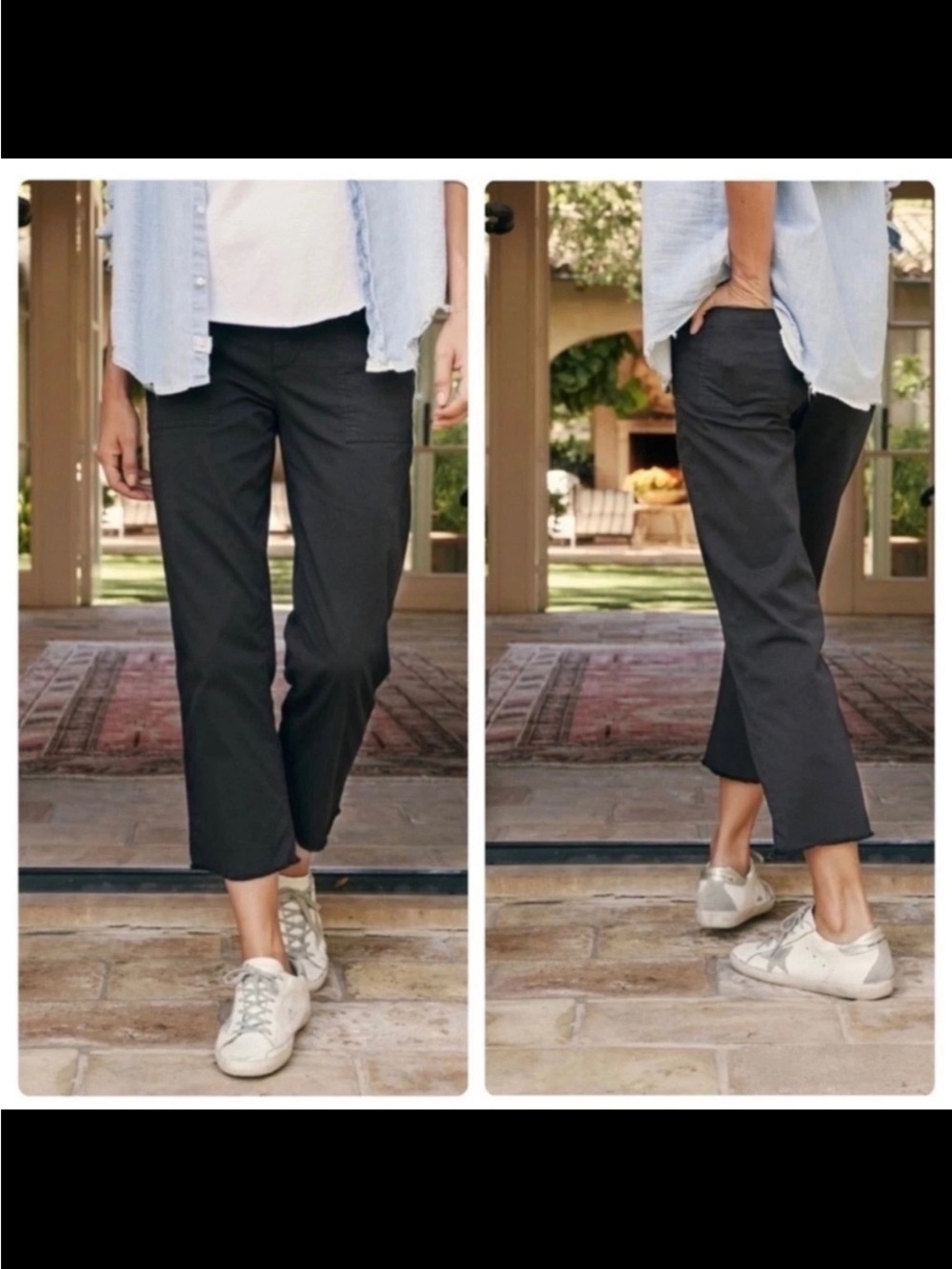 Frank & Eileen Blackstone Utility Pant Black Stretch Cotton Ankle Raw Hem Size 6